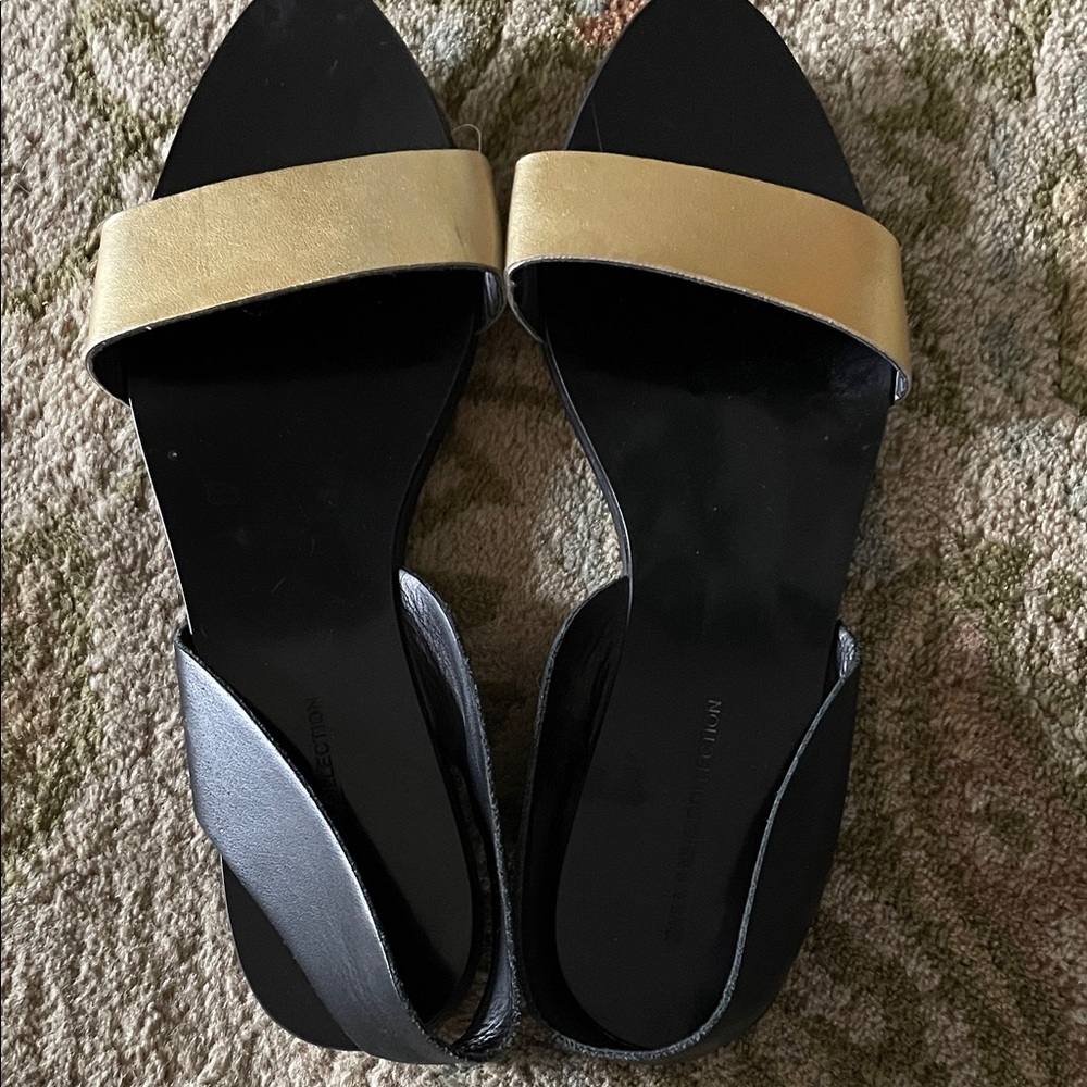 Zara leather Black and Gold Women's flat heel strap Sandals